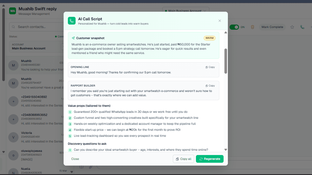 AI Call Script panel showing personalized opening line and value props for a smartwatch buyer