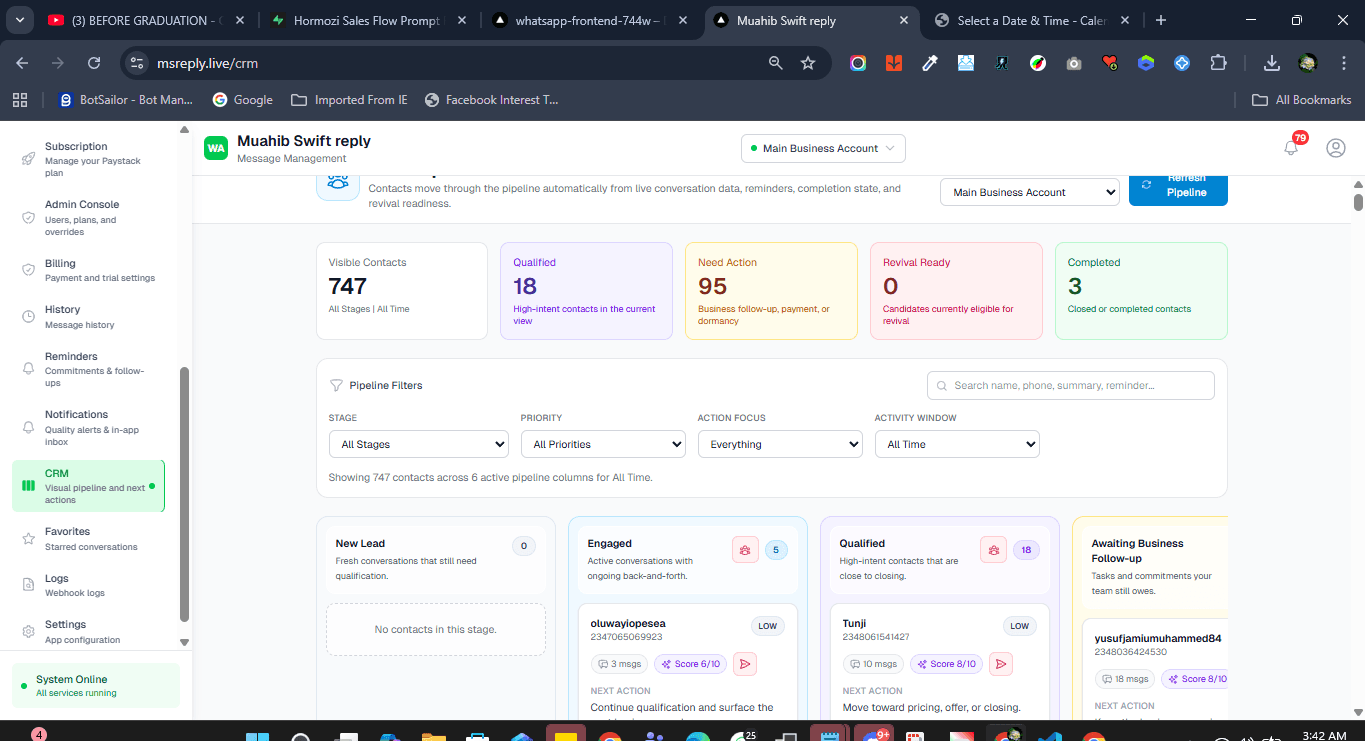 CRM pipeline view with New Lead, Engaged, Qualified, Awaiting Business and Follow-up columns and lead Quality Scores