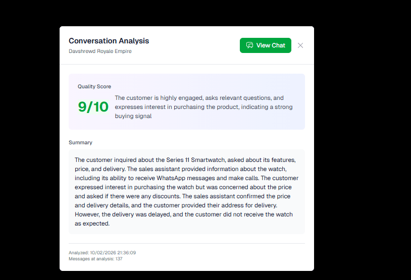 Conversation Analysis showing a Quality Score of 9 out of 10 for a highly engaged smartwatch buyer